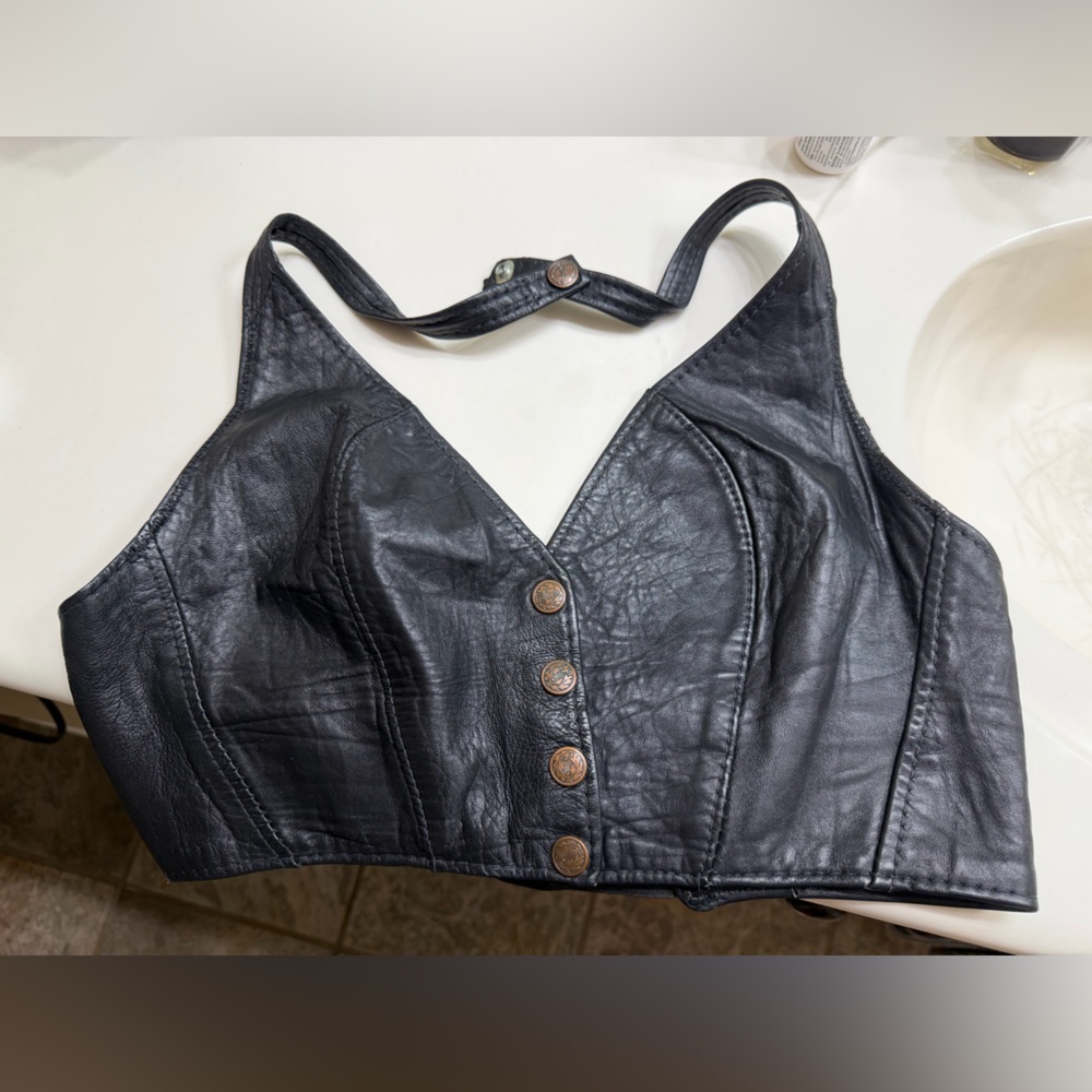 Black REAL Leather Button-Front Crop Tank